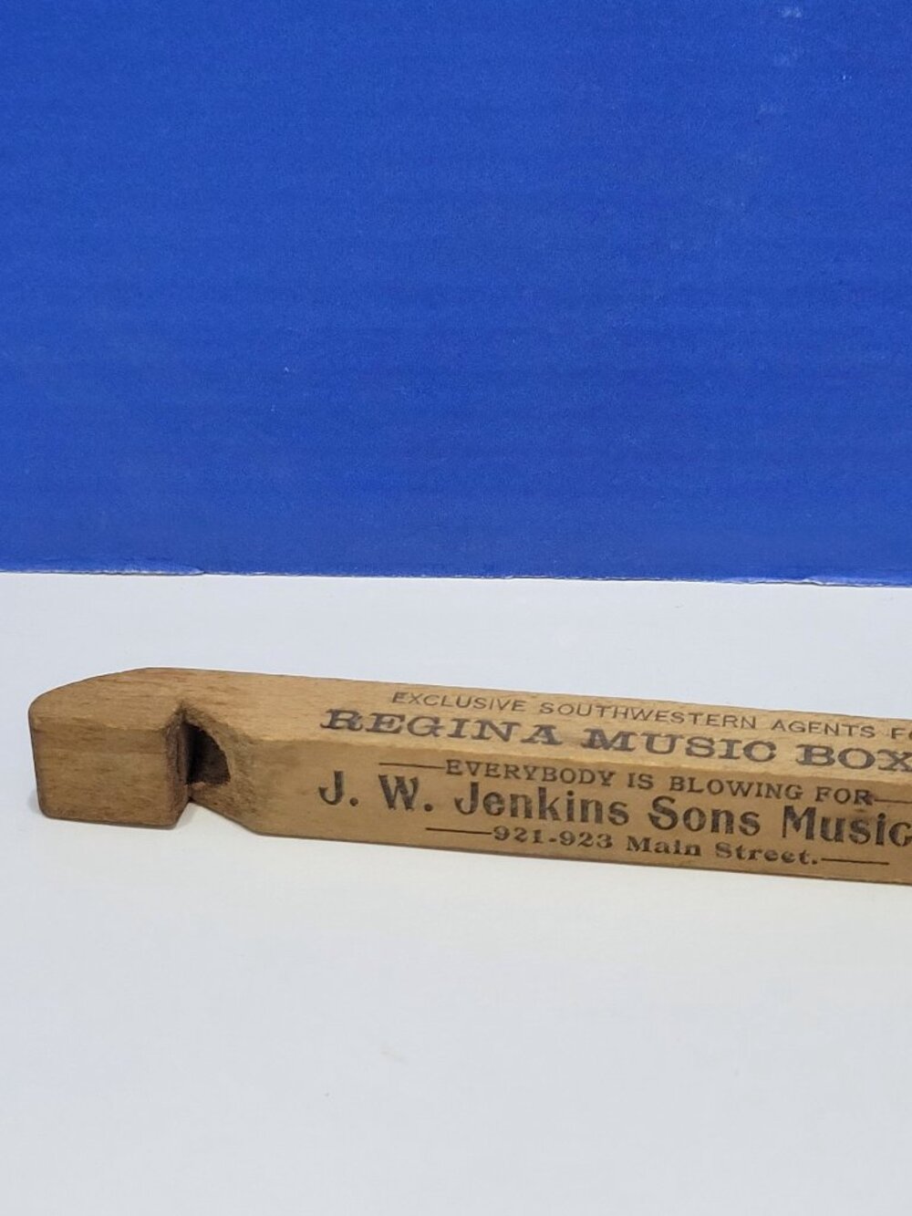 Antique Small Wood Train Whistle with Steinway Piano and Music Advertising